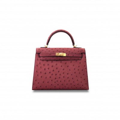 HERMÈS MASTER KELLY 25 OSTRICH LEATHER RUBY RED GOLD BUCKLE (25*17*7cm) 